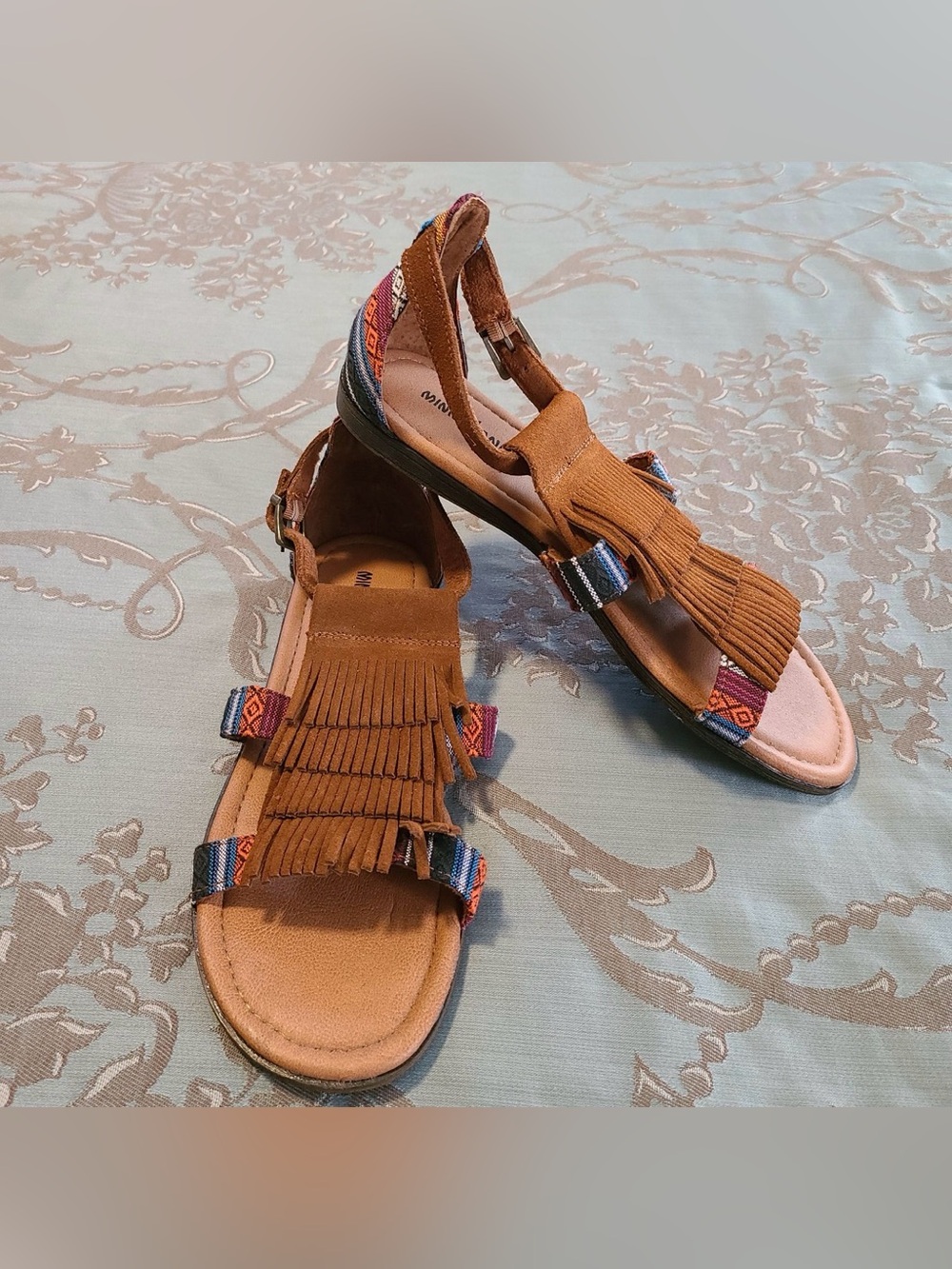 Minnetonka Brown Leather Multi Color Tribal Maui Fringe Baz Sandals Women Size 9